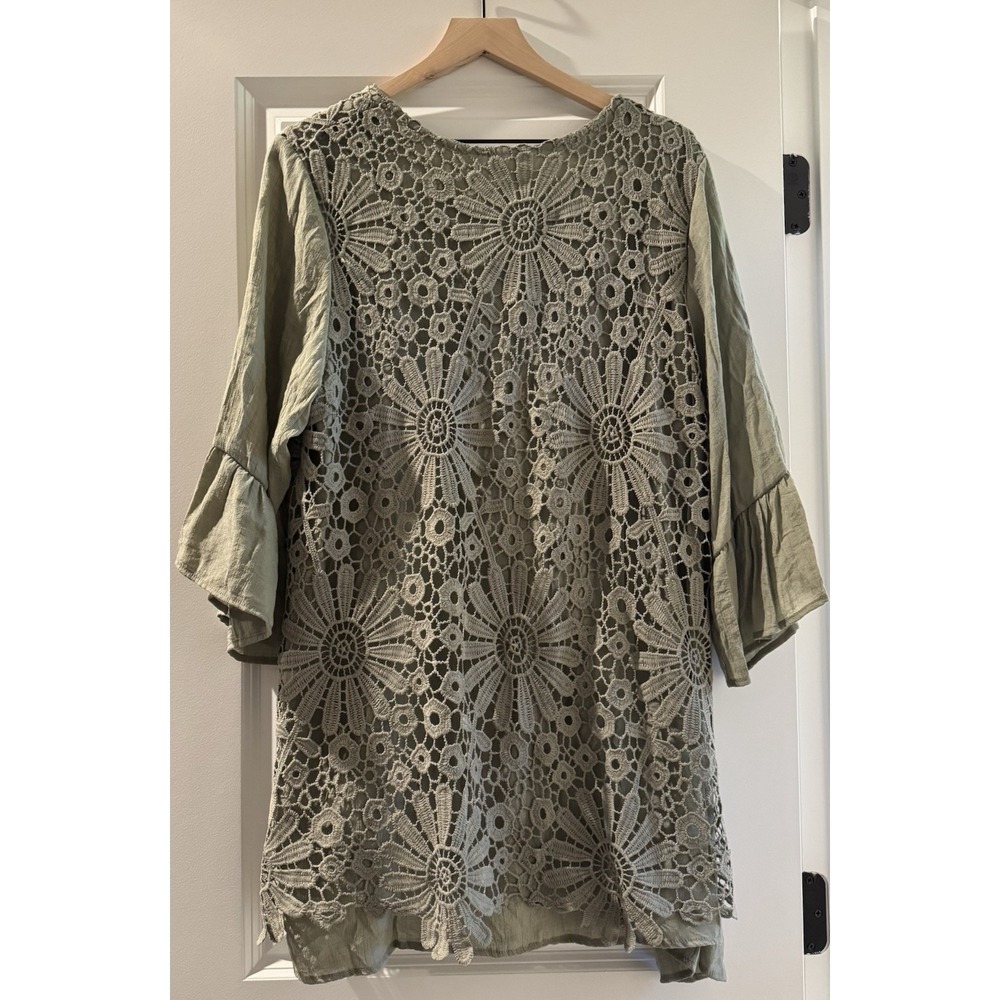 Boho Floral Crochet Lace Tunic Top Sage Green Bell Sleeve Oversized XXL - Picture 5 of 8